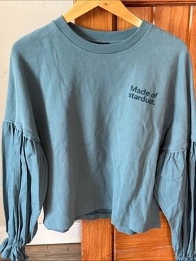 Zara "Made of Stardust" Teal Sweatshirt with puff Sleeves - Small